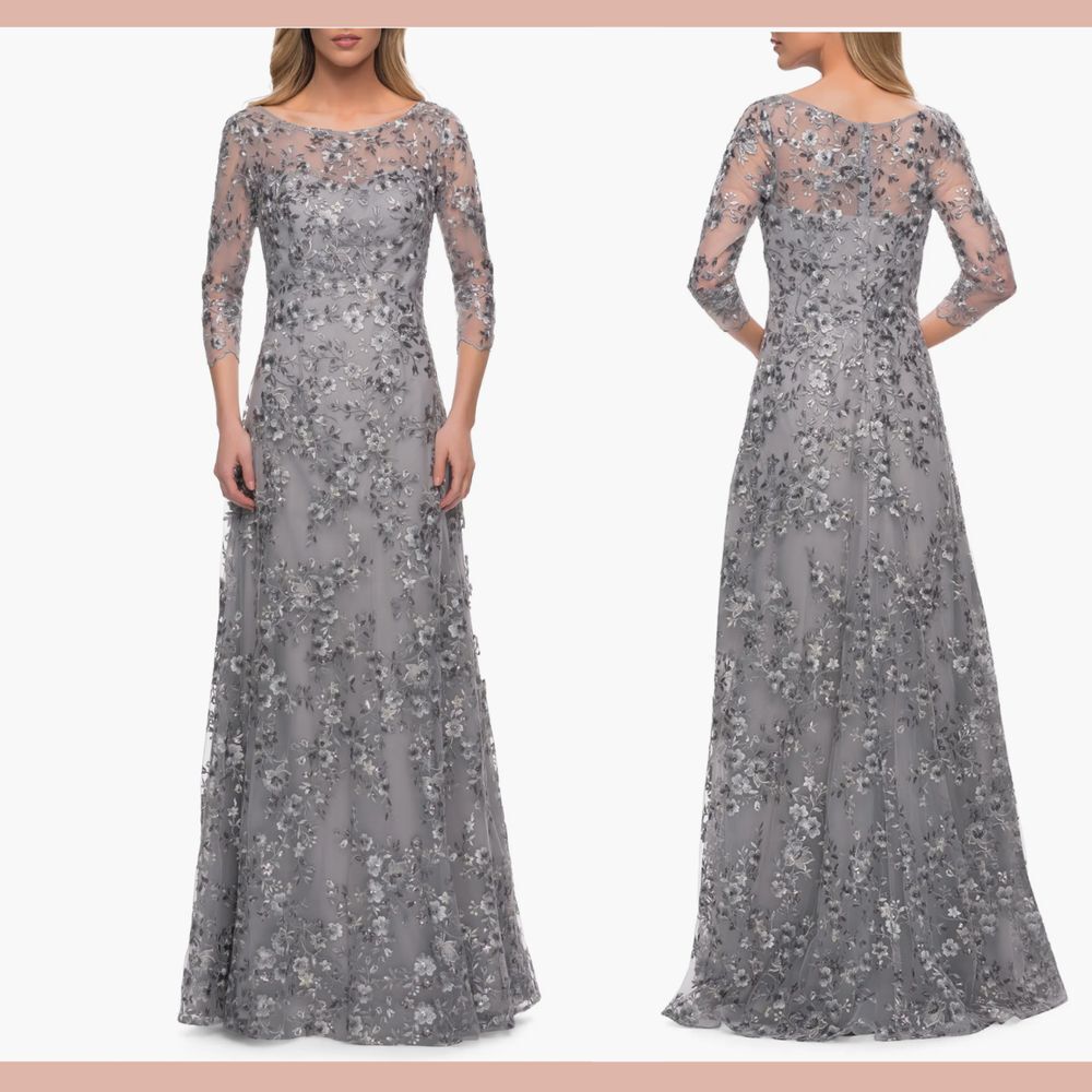 NEW $498 La Femme [ 6 ] Embroidered Sheer Lace‎ Sleeves Lace Gown Silver